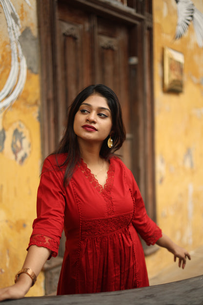 Cotton Three-Panel Kurti with Lace-Red.