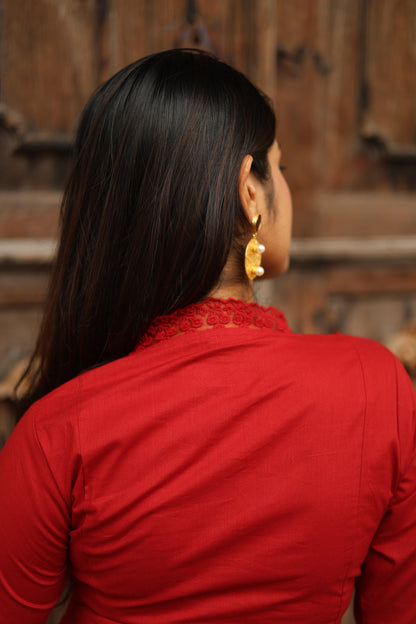 Cotton Three-Panel Kurti with Lace-Red.