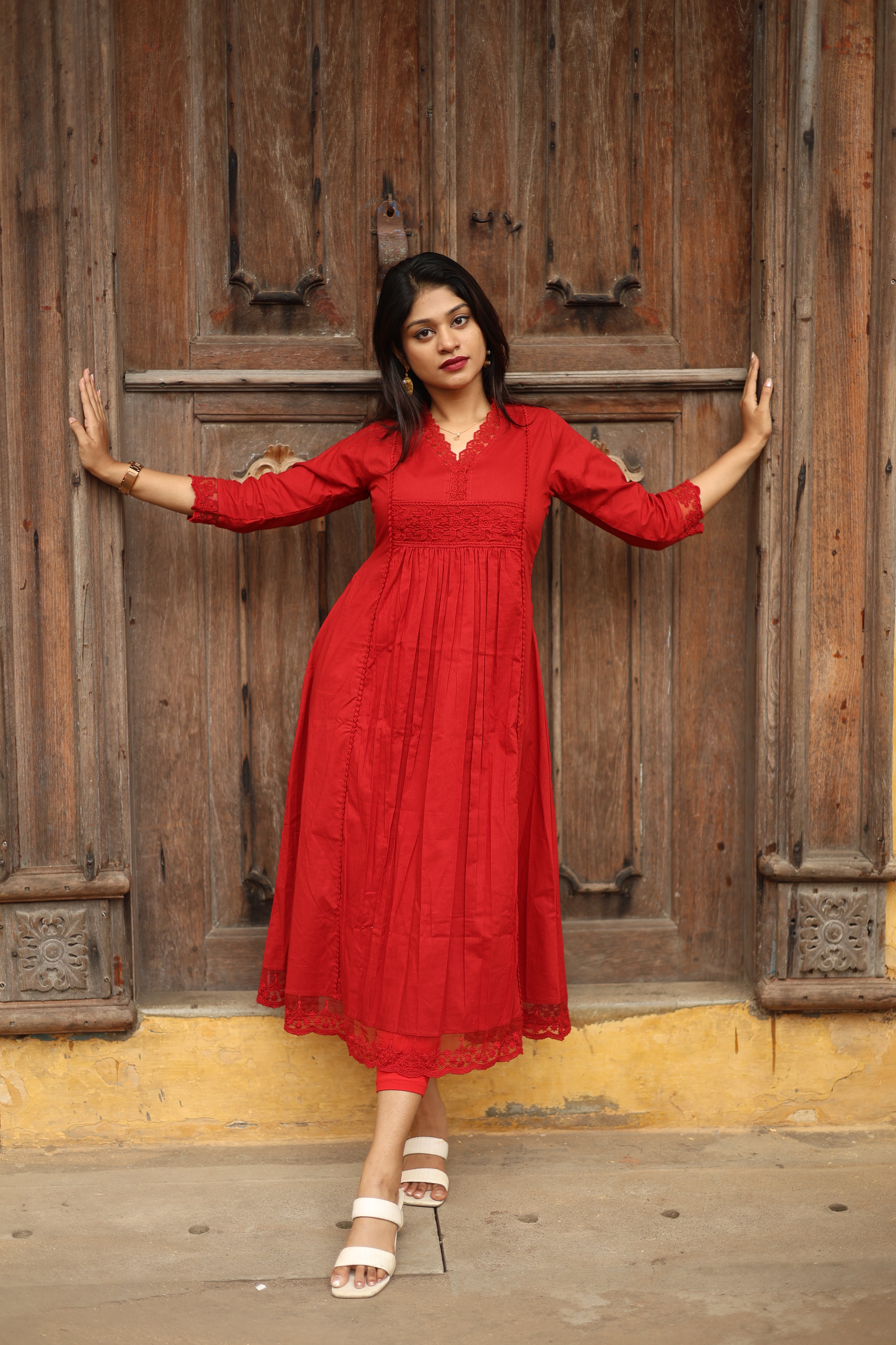 Cotton Three-Panel Kurti with Lace-Red.