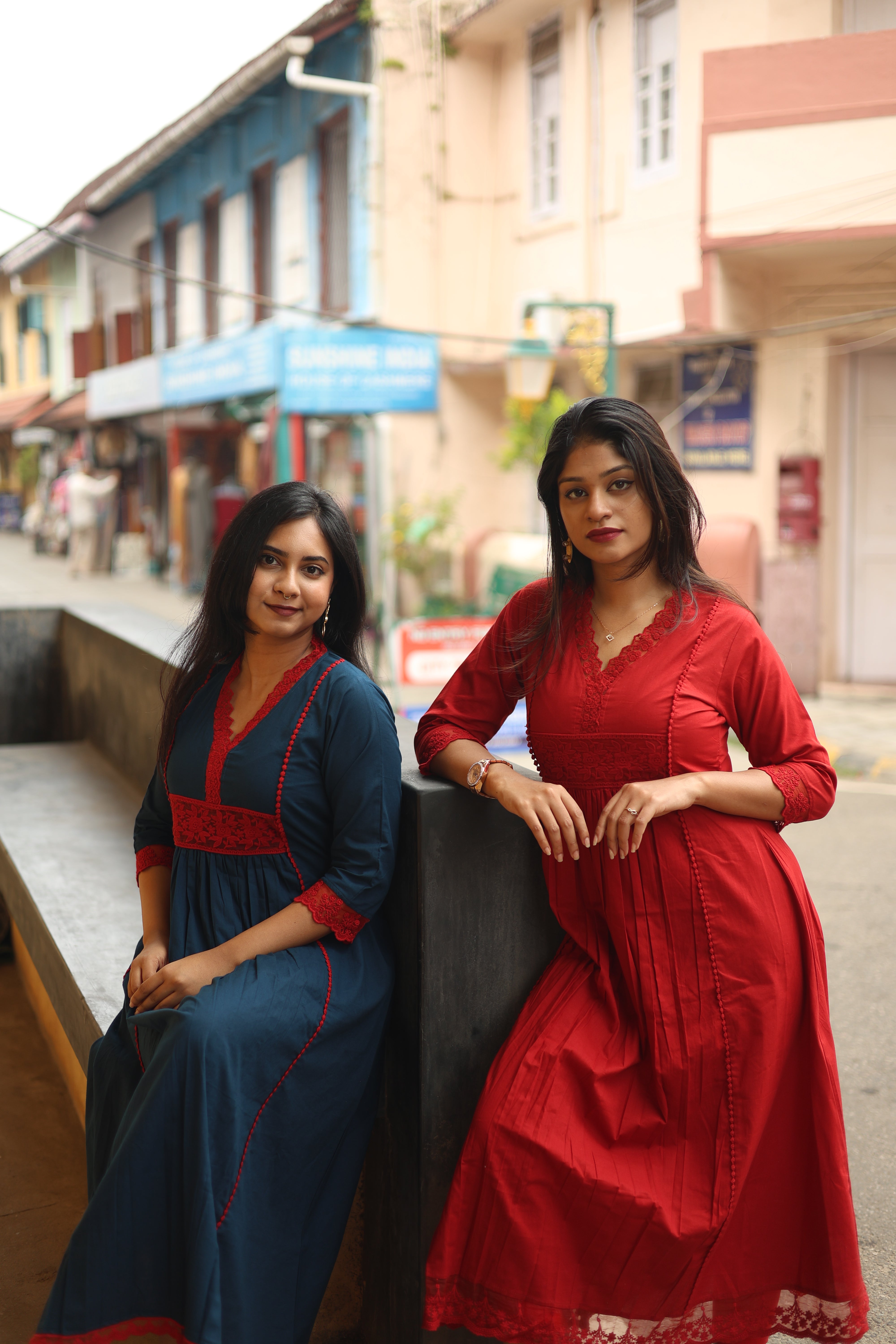 Pure Cotton Three-Panel Kurti w/ Contrast Lace & Pocket-Blue