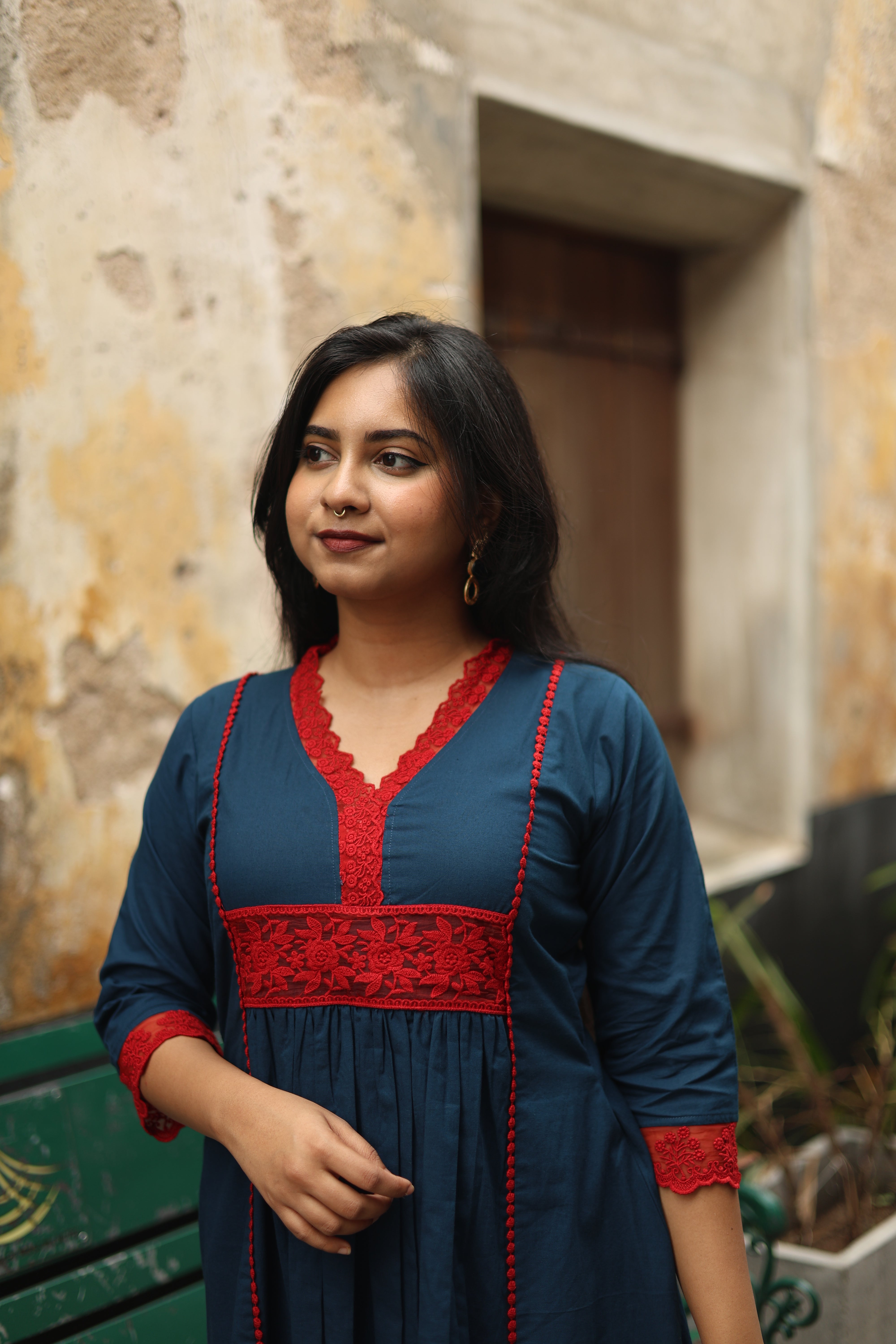 Pure Cotton Three-Panel Kurti w/ Contrast Lace & Pocket-Blue