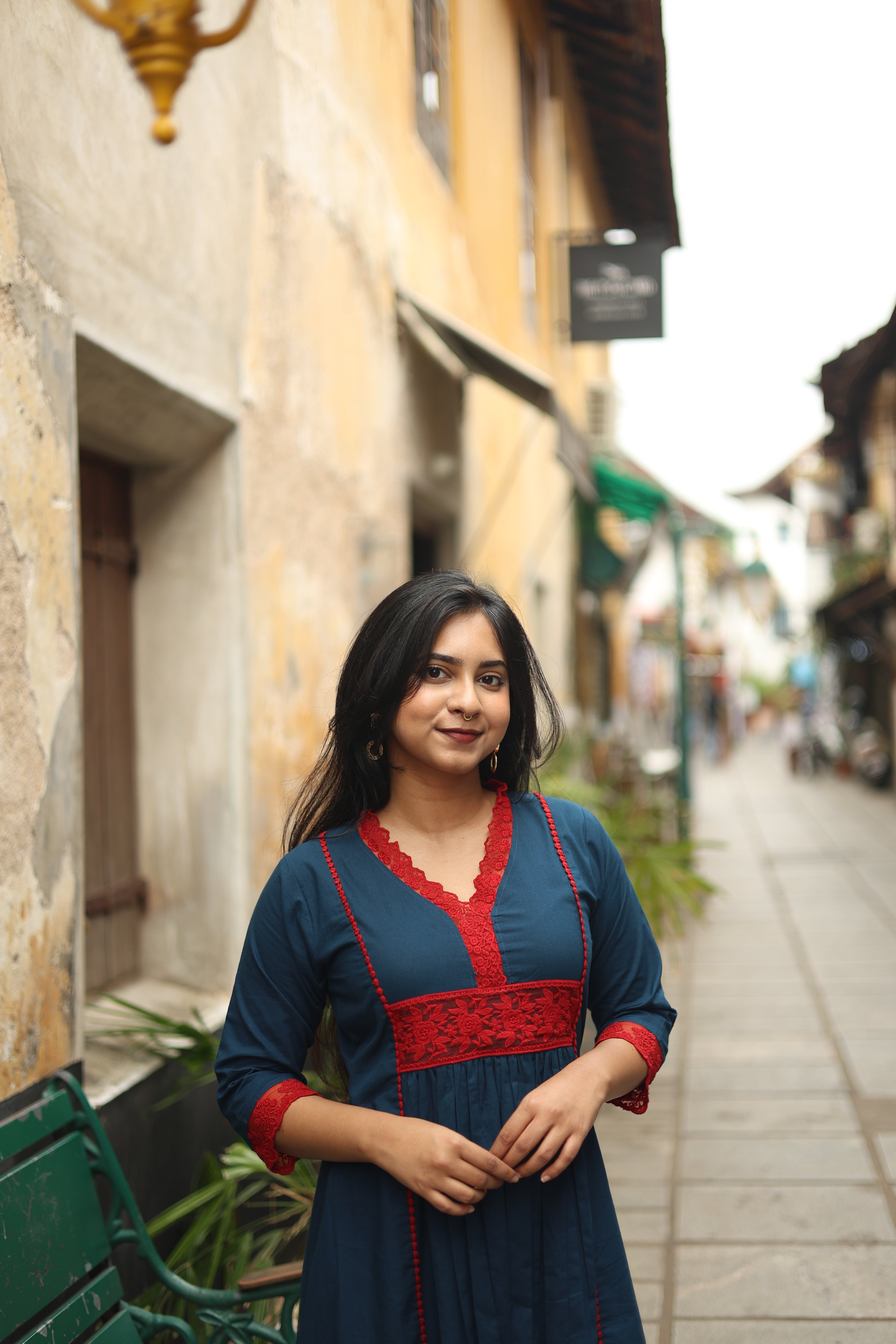 Pure Cotton Three-Panel Kurti w/ Contrast Lace & Pocket-Blue