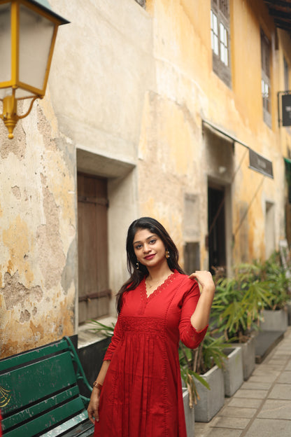 Cotton Three-Panel Kurti with Lace-Red.