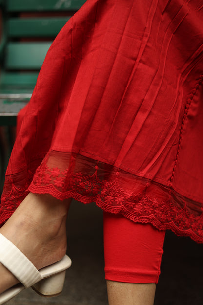 Cotton Three-Panel Kurti with Lace-Red.