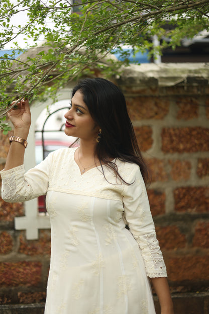 Pure Georgette Five-Panel Kurti | Luxe Embroidered & Lined-Off White.