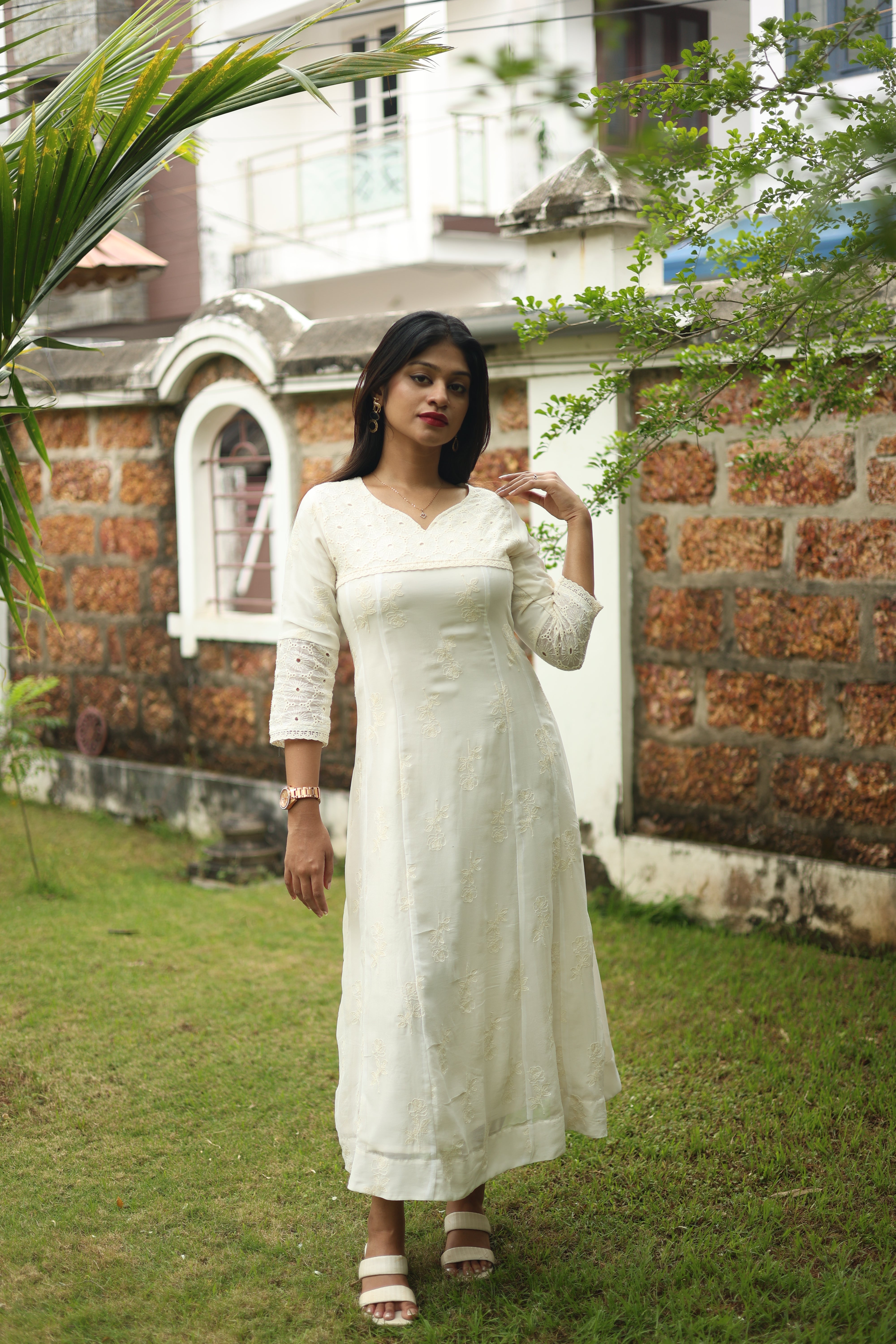Pure Georgette Five-Panel Kurti | Luxe Embroidered & Lined-Off White.