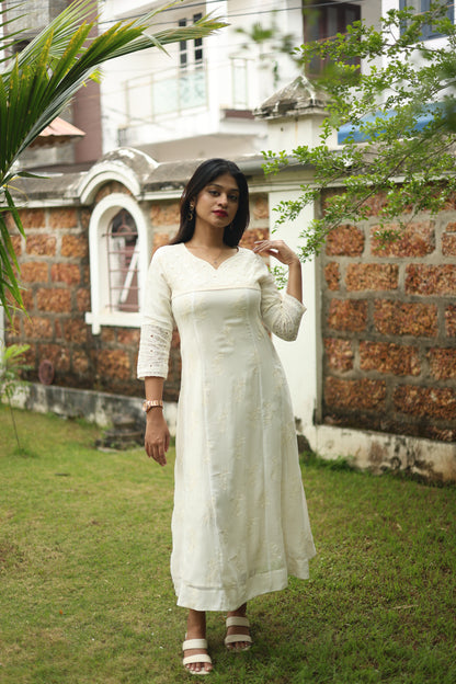Pure Georgette Five-Panel Kurti | Luxe Embroidered & Lined-Off White.