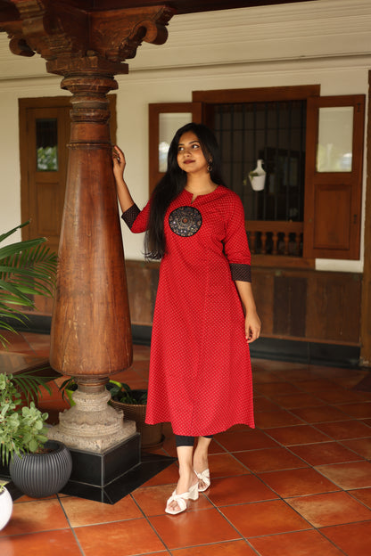 Ajrakh Cotton Kurti Dress: Beaded Silk Yoke & Pocket-Red