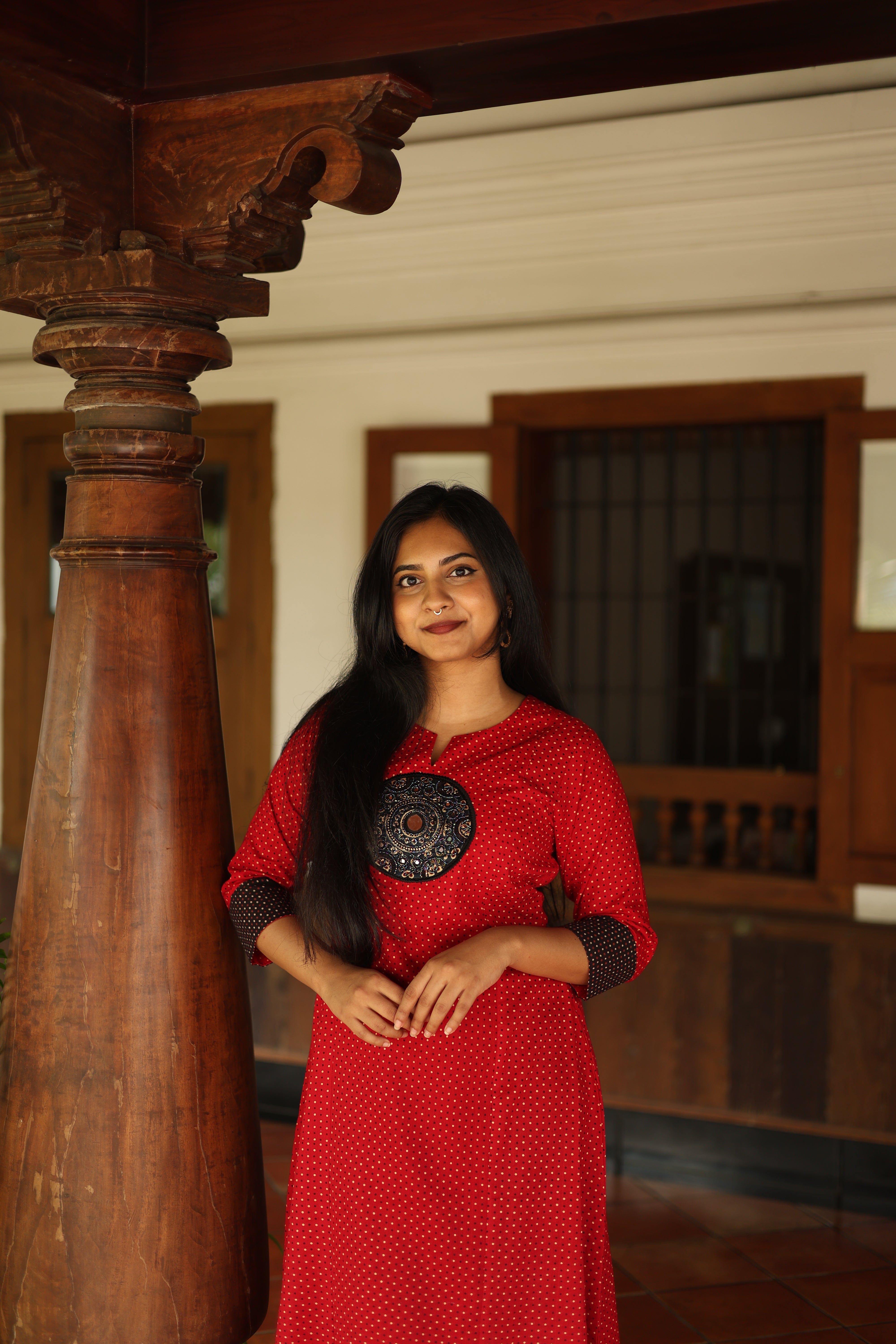 Ajrakh Cotton Kurti Dress: Beaded Silk Yoke & Pocket-Red