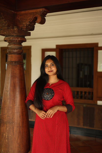 Ajrakh Cotton Kurti Dress: Beaded Silk Yoke & Pocket-Red