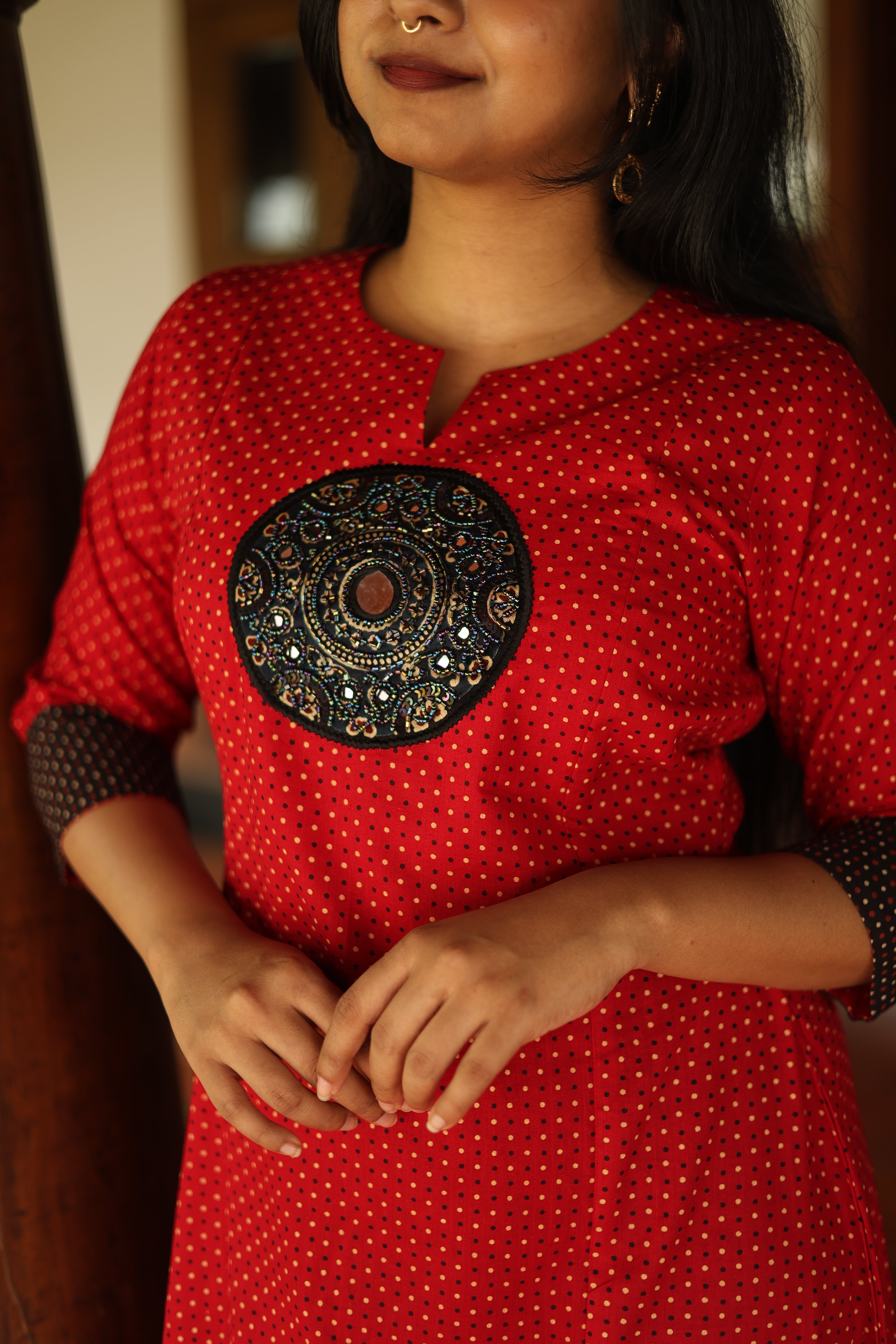 Ajrakh Cotton Kurti Dress: Beaded Silk Yoke & Pocket-Red