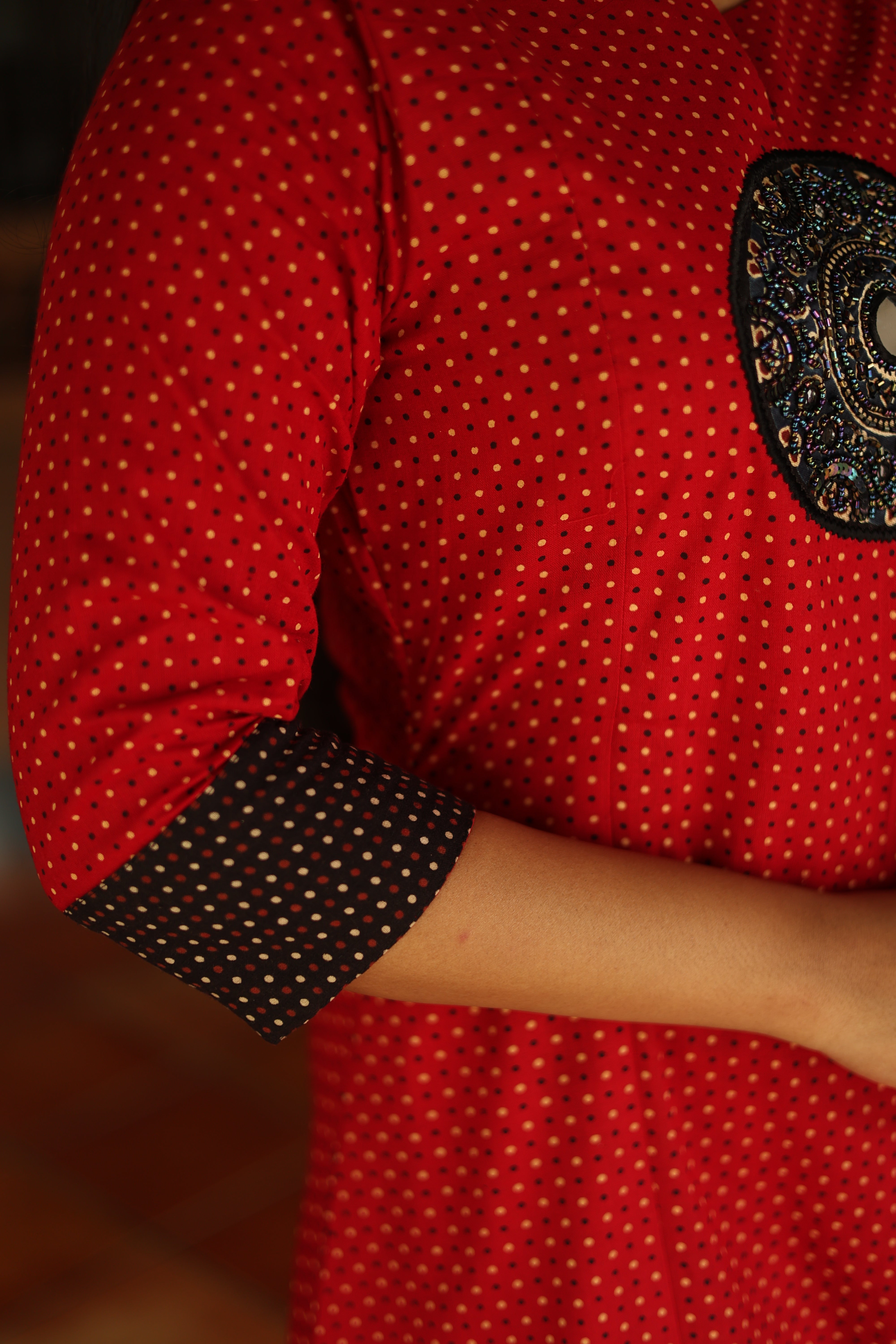 Ajrakh Cotton Kurti Dress: Beaded Silk Yoke & Pocket-Red