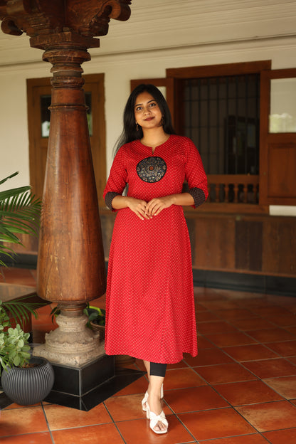 Ajrakh Cotton Kurti Dress: Beaded Silk Yoke & Pocket-Red