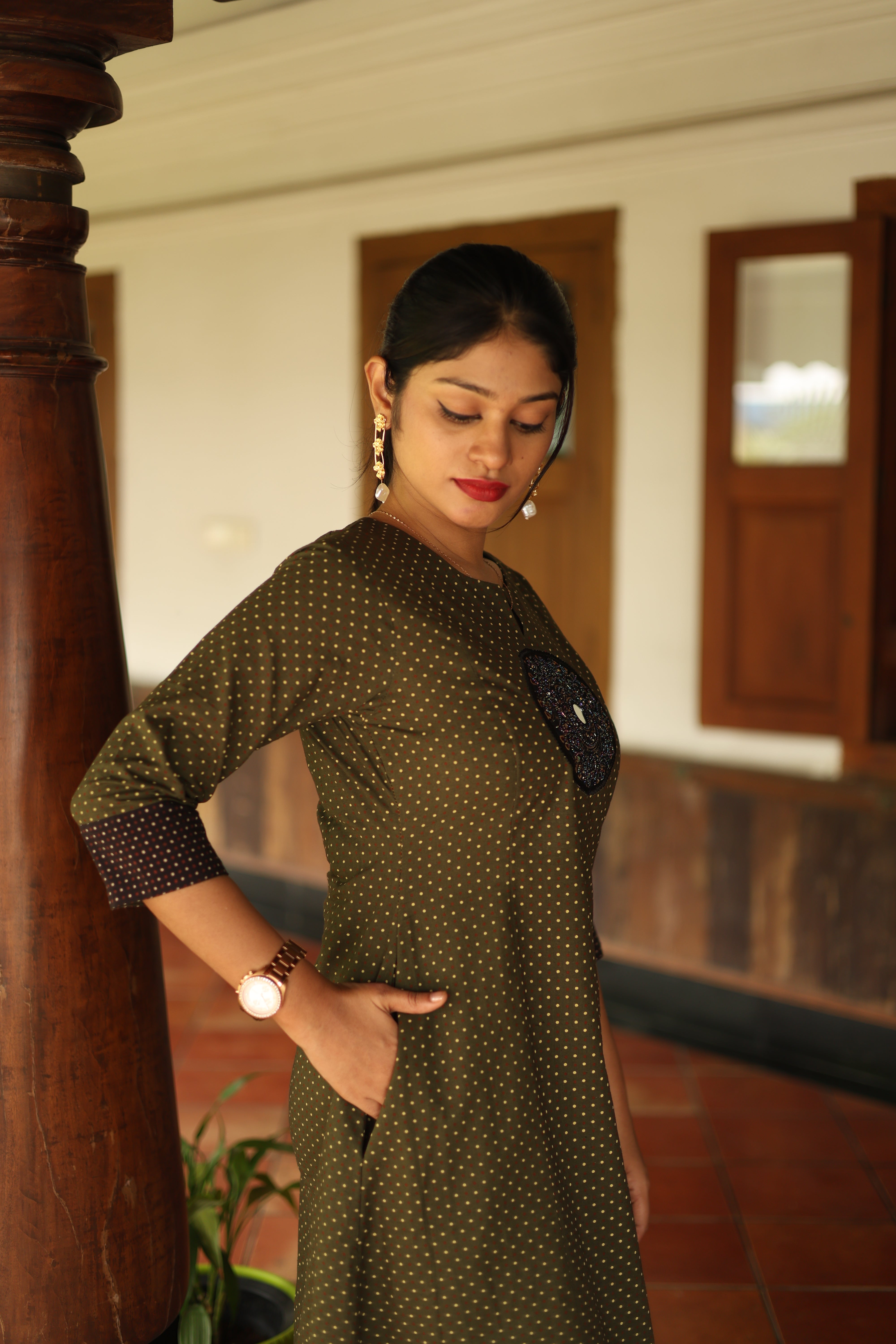 Ajrakh Cotton Kurti Dress: Beaded Silk Yoke & Pocket-Olive Green.