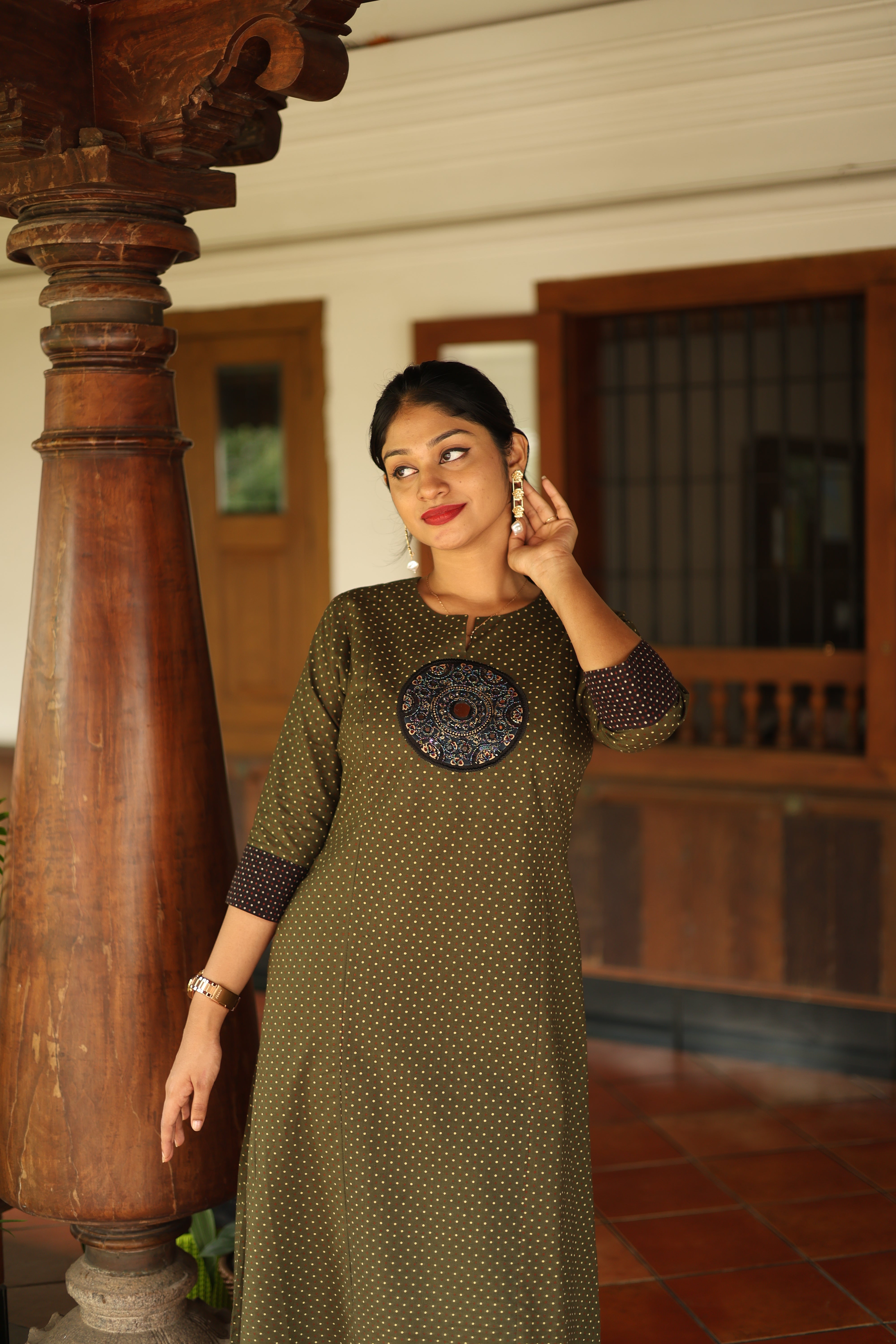 Ajrakh Cotton Kurti Dress: Beaded Silk Yoke & Pocket-Olive Green.