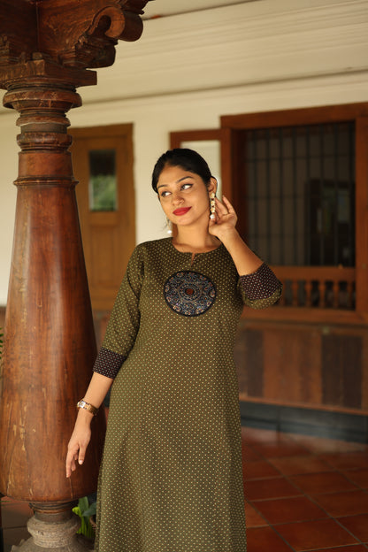 Ajrakh Cotton Kurti Dress: Beaded Silk Yoke & Pocket-Olive Green.