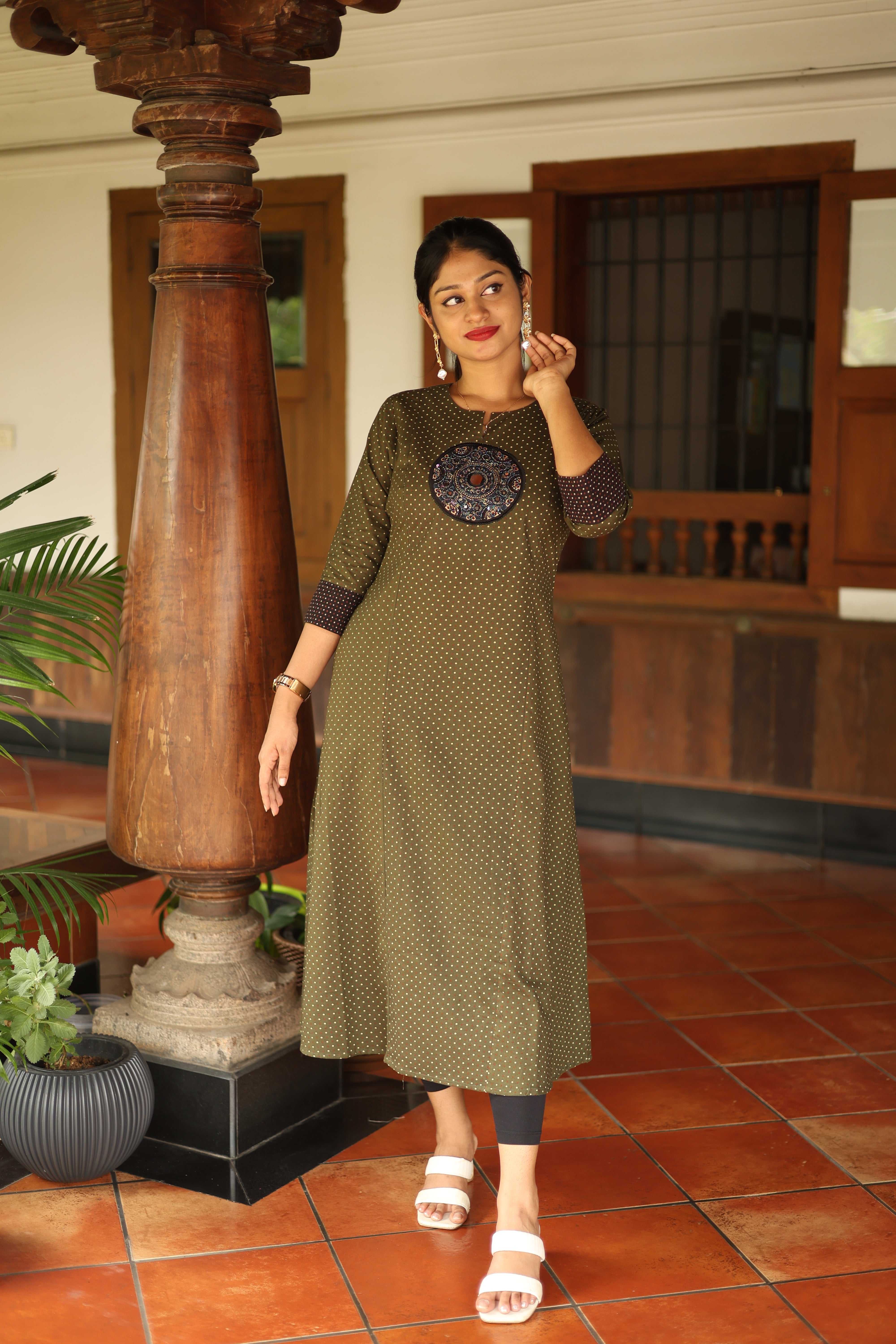 Ajrakh Cotton Kurti Dress: Beaded Silk Yoke & Pocket-Olive Green.