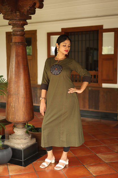 Ajrakh Cotton Kurti Dress: Beaded Silk Yoke & Pocket-Olive Green.