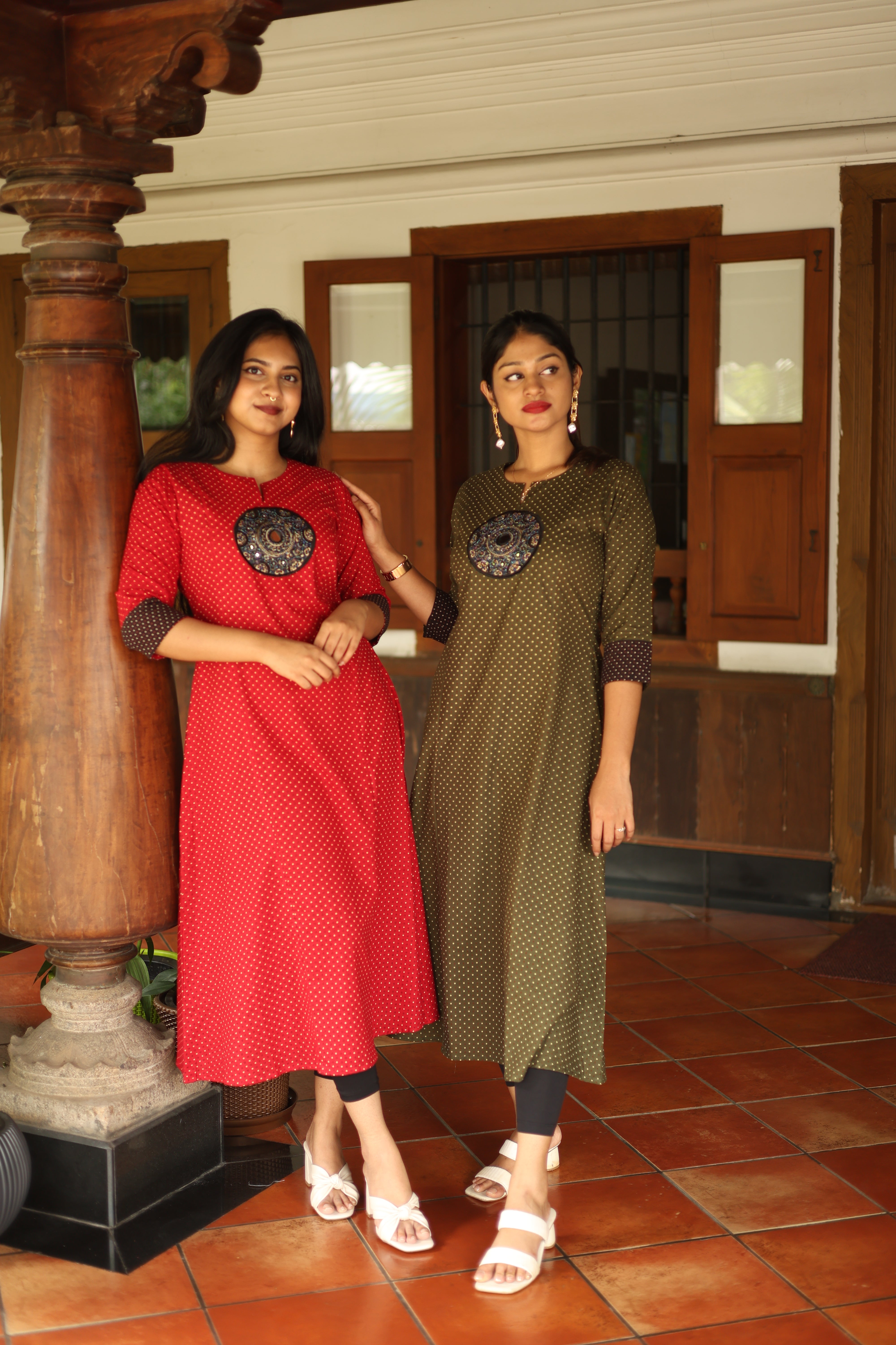 Ajrakh Cotton Kurti Dress: Beaded Silk Yoke & Pocket-Olive Green.