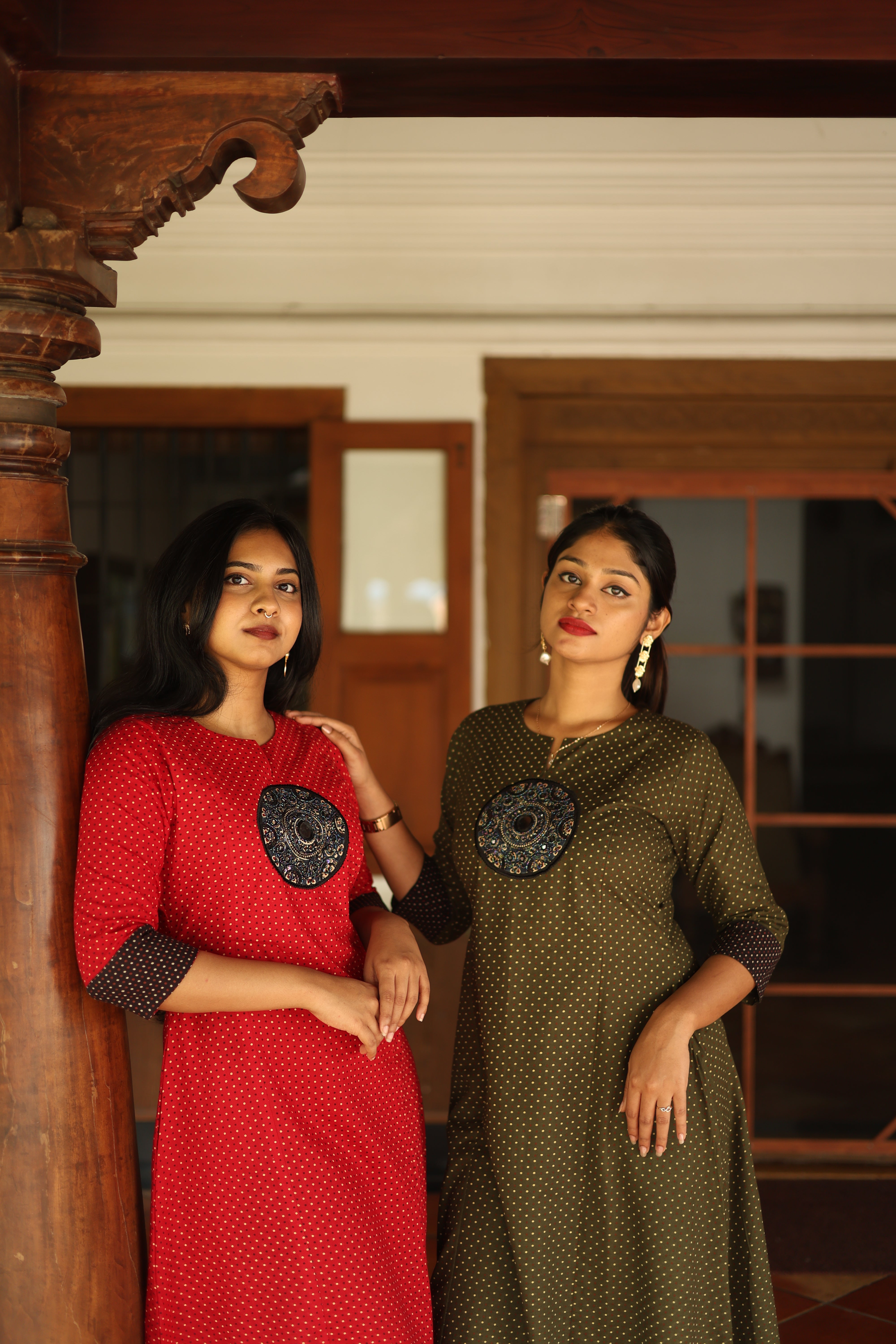 Ajrakh Cotton Kurti Dress: Beaded Silk Yoke & Pocket-Olive Green.