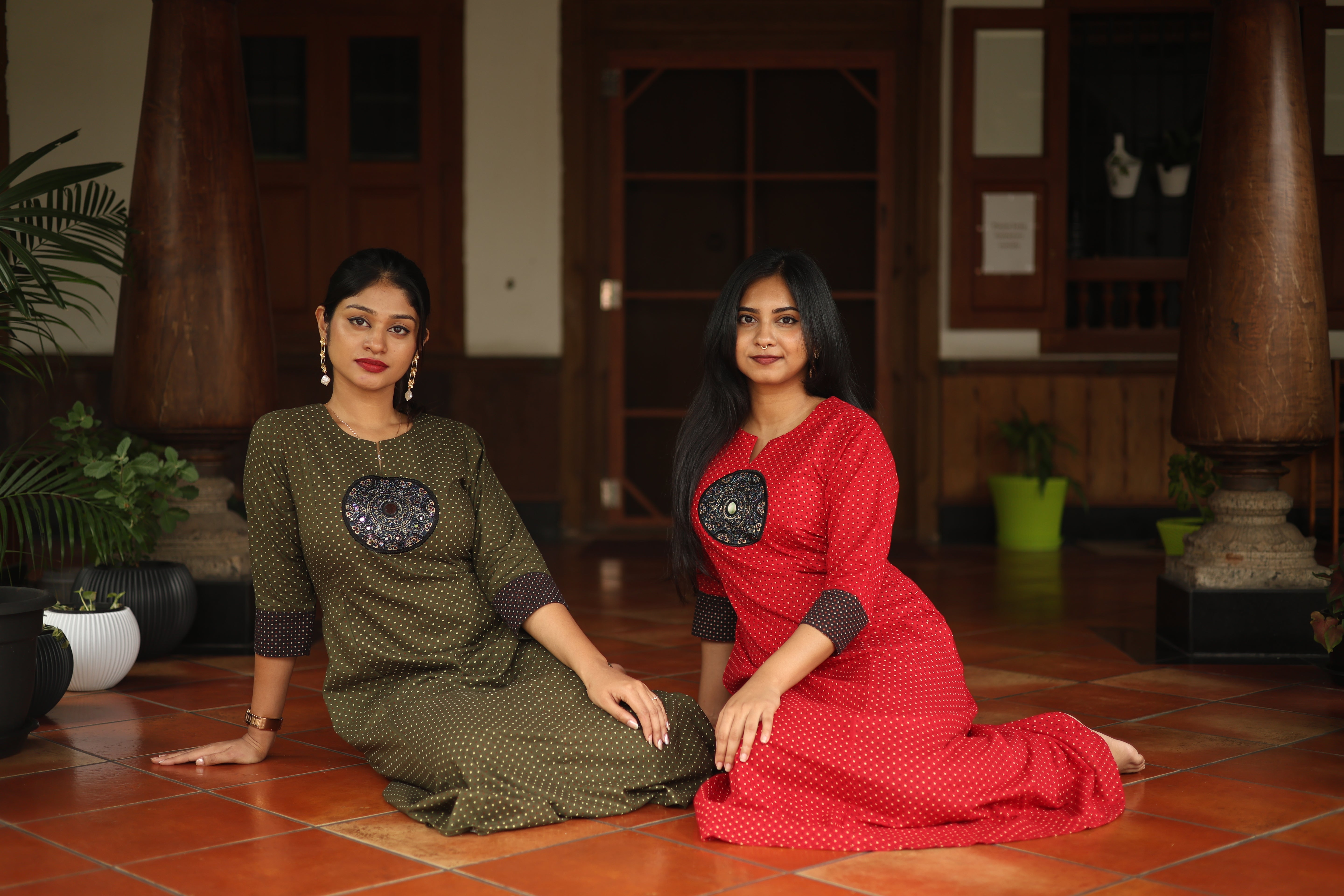 Ajrakh Cotton Kurti Dress: Beaded Silk Yoke & Pocket-Olive Green.