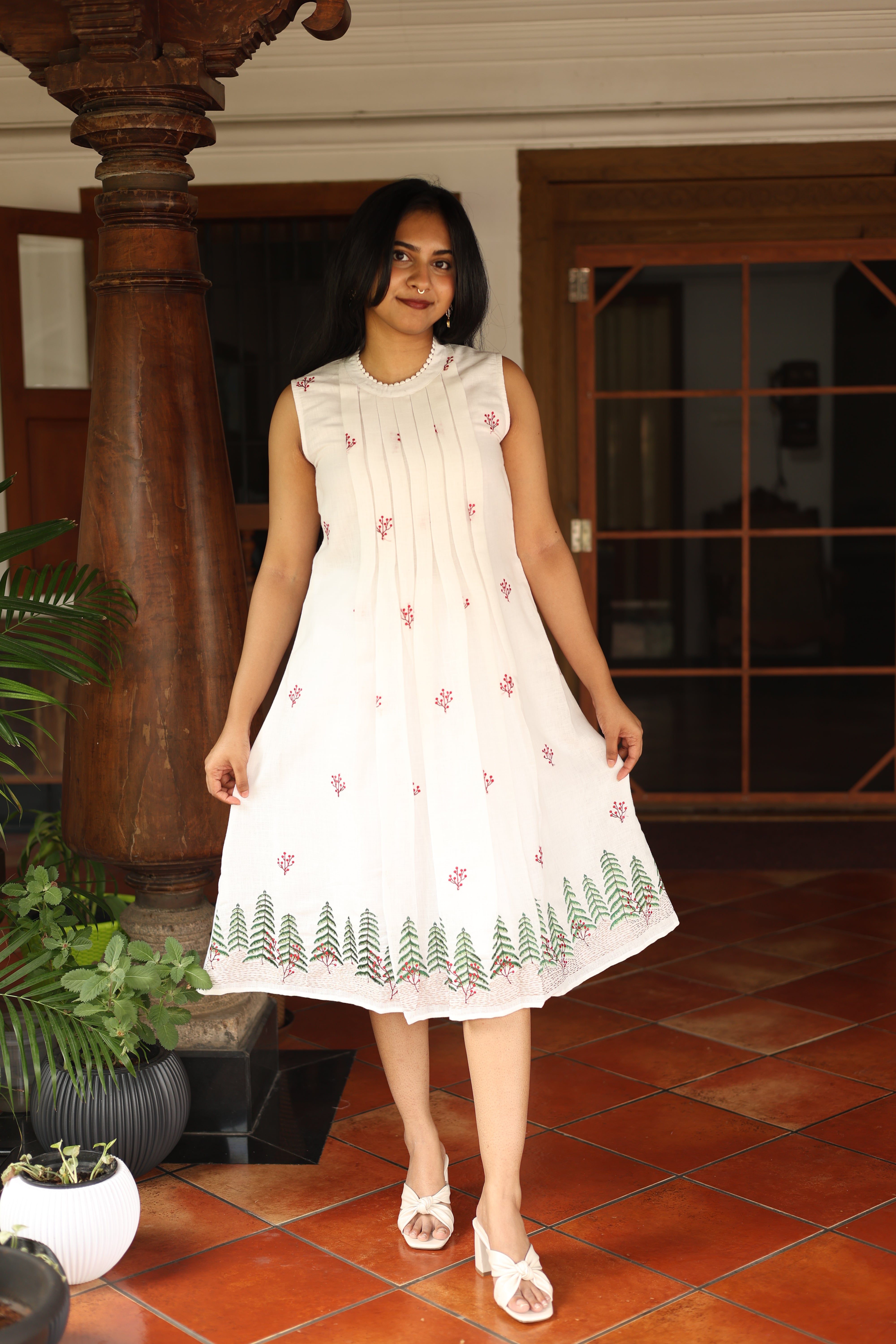 Linen Sleeveless Dress: Embroidered & Pleated