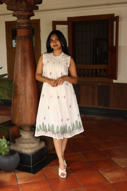 Linen Sleeveless Dress: Embroidered & Pleated