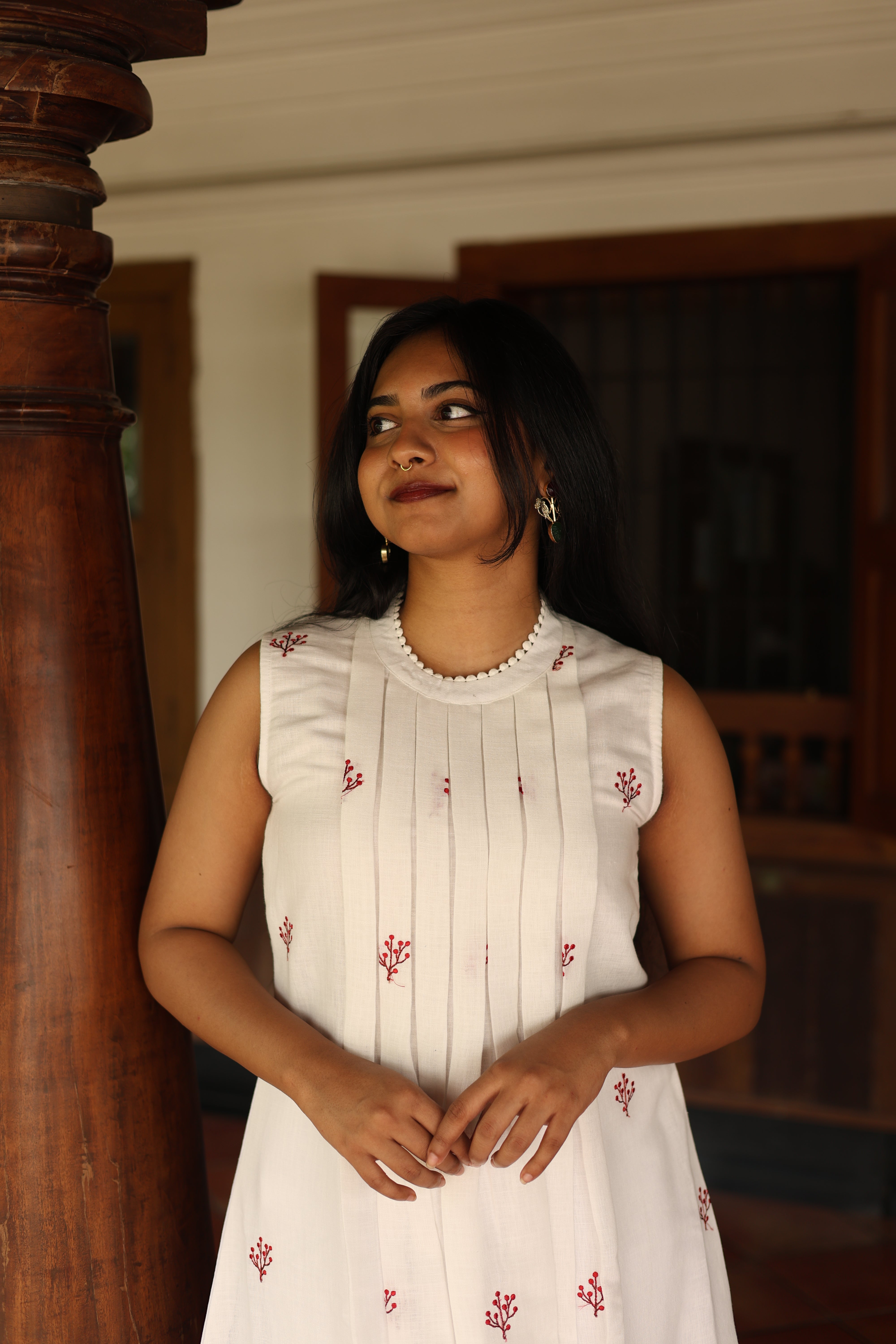 Linen Sleeveless Dress: Embroidered & Pleated