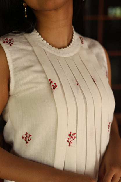 Linen Sleeveless Dress: Embroidered & Pleated