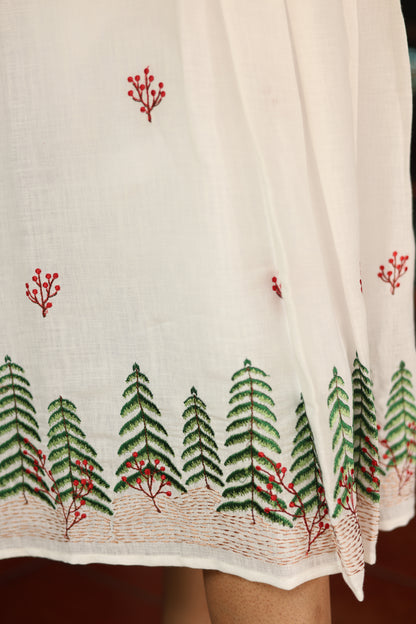 Linen Sleeveless Dress: Embroidered & Pleated