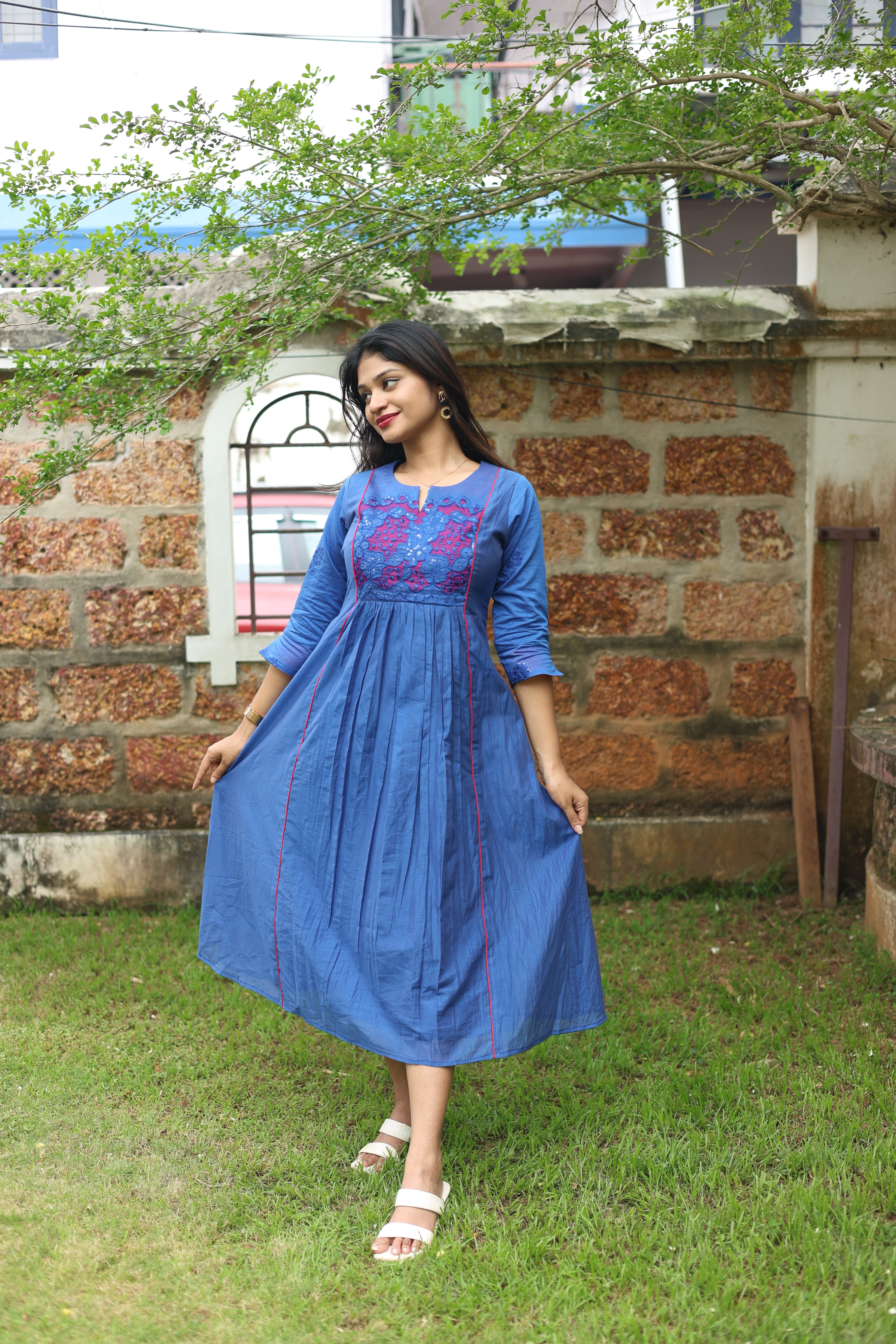 Mul Chanderi Dress Kurti | Elegant Pleated Panel Design