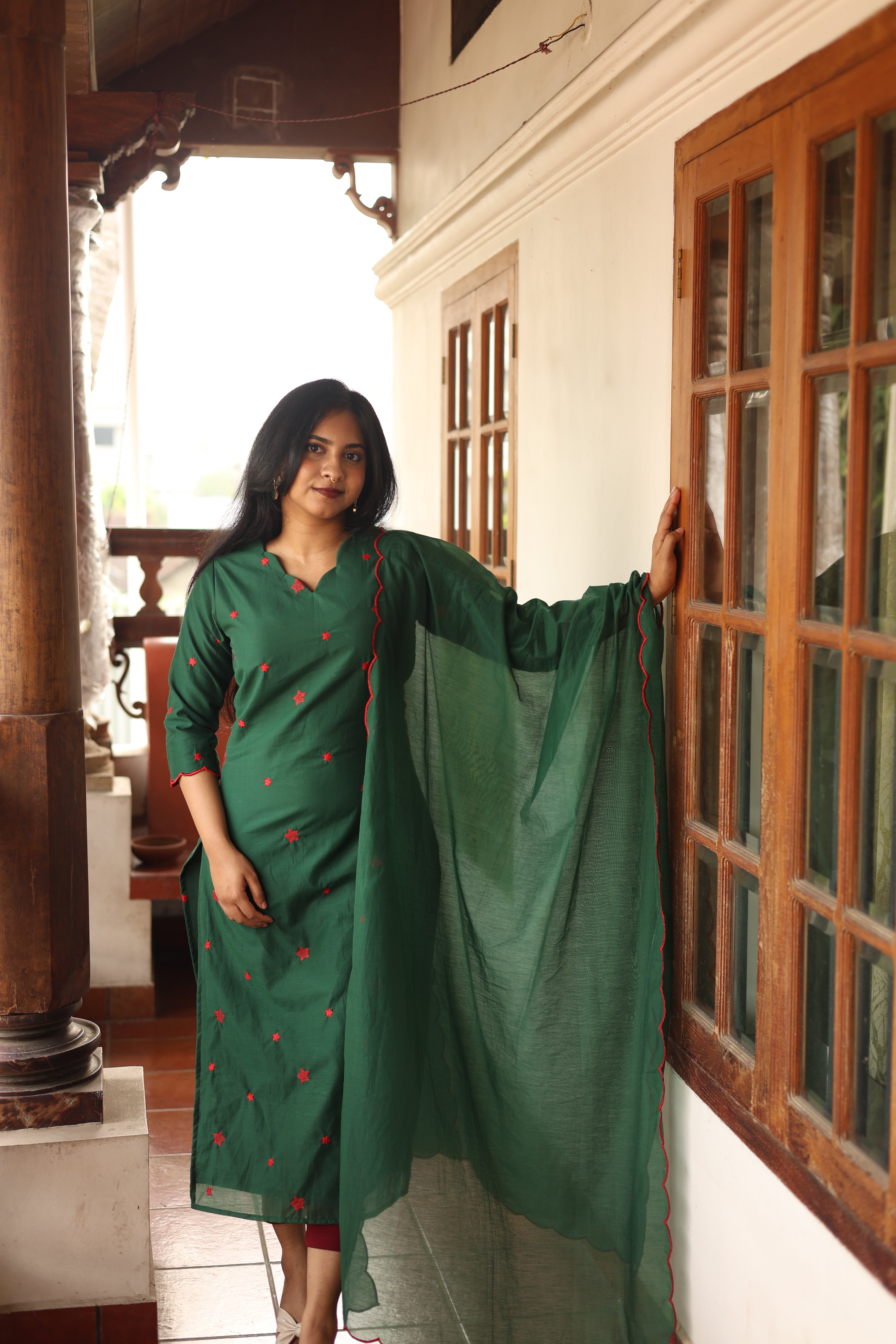 Mul Chanderi Slitted Top only-Bottle Green.