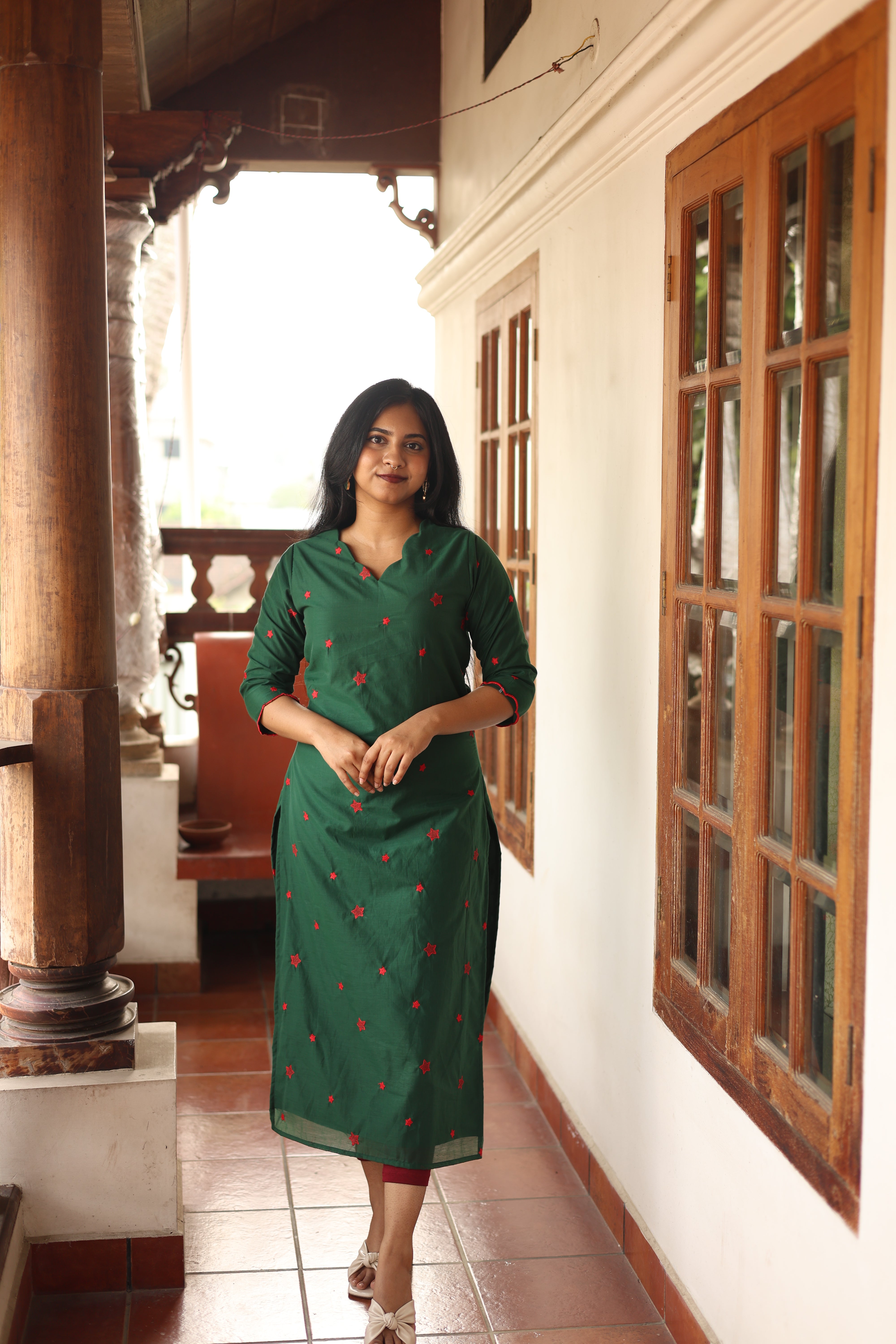 Mul Chanderi Slitted Top only-Bottle Green.