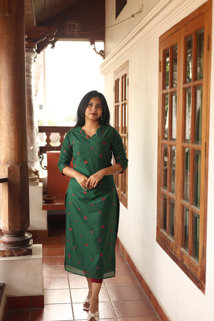 Mul Chanderi Slitted Top only-Bottle Green.