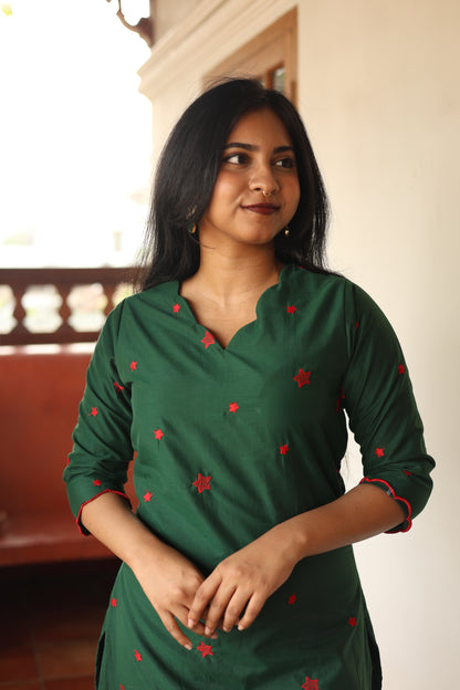 Mul Chanderi Slitted Top only-Bottle Green.