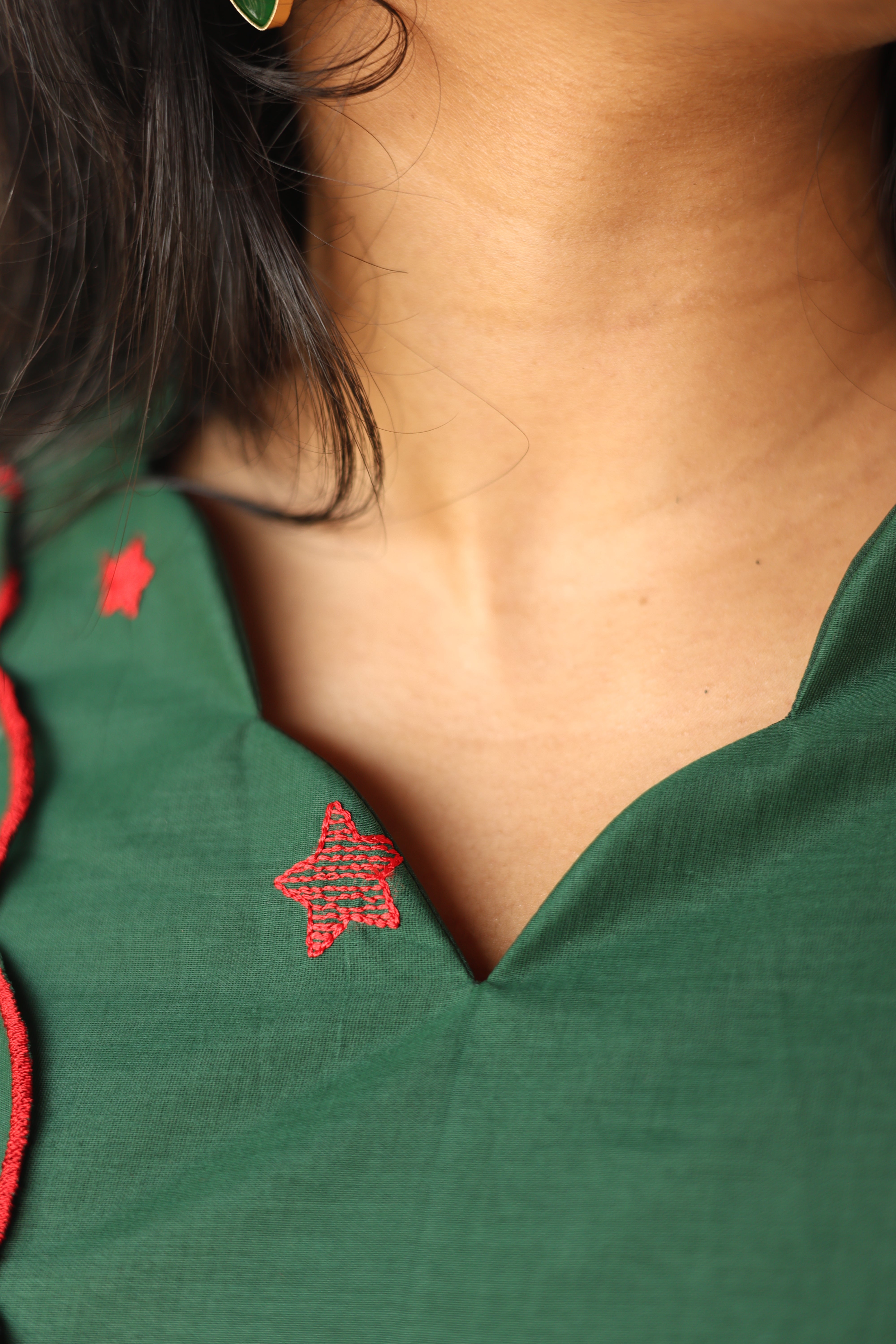 Mul Chanderi Slitted Top only-Bottle Green.