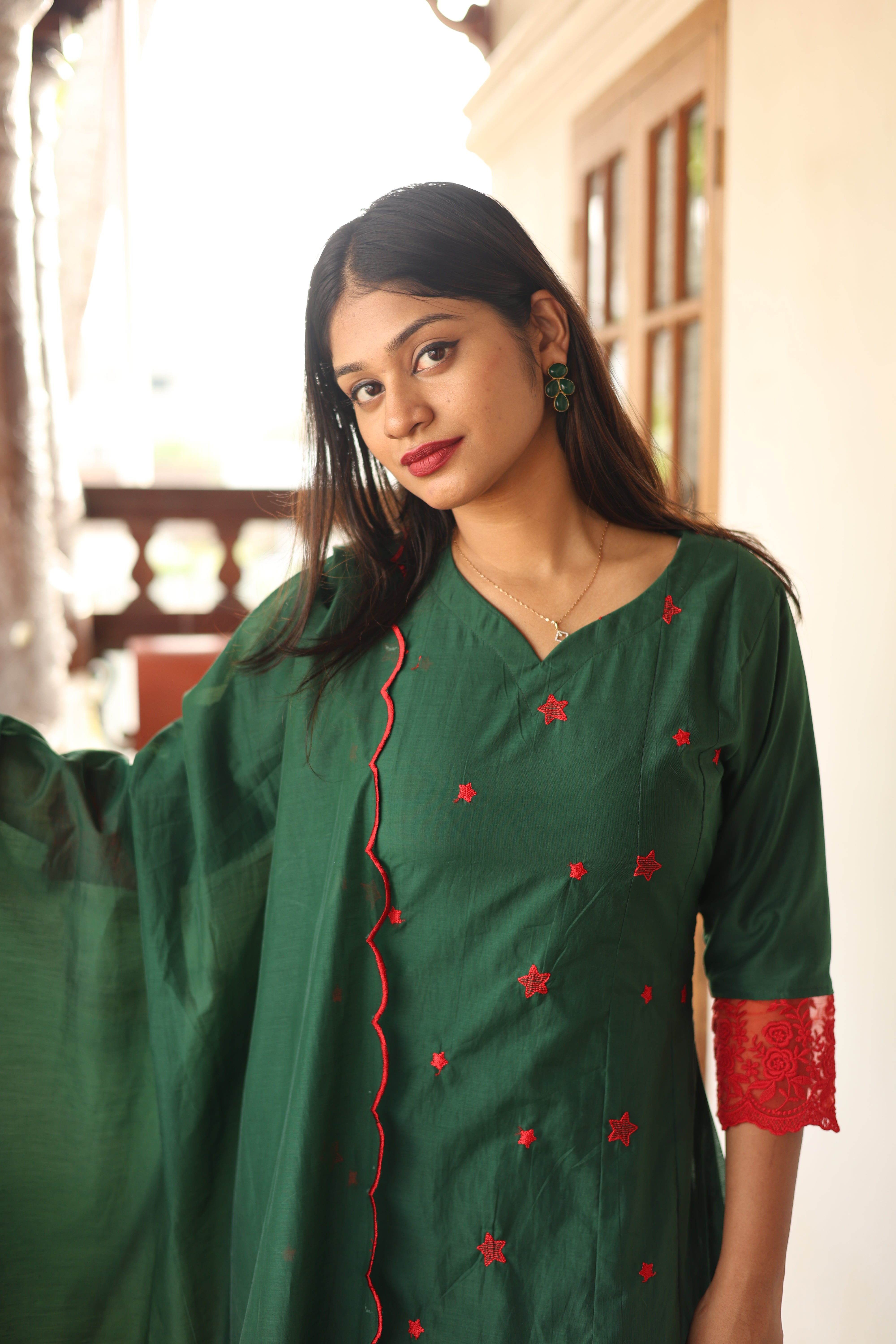 Mul Chanderi Kurti only with Embroidered Panels & Lace-Bottle Green.