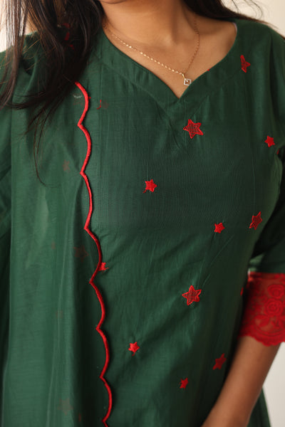 Mul Chanderi Kurti only with Embroidered Panels & Lace-Bottle Green.