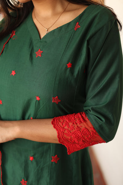 Mul Chanderi Kurti only with Embroidered Panels & Lace-Bottle Green.