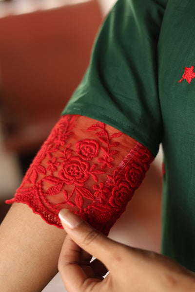 Mul Chanderi Kurti only with Embroidered Panels & Lace-Bottle Green.