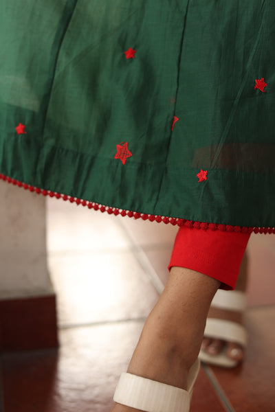 Mul Chanderi Kurti only with Embroidered Panels & Lace-Bottle Green.
