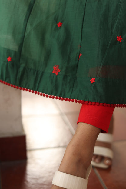 Mul Chanderi Kurti only with Embroidered Panels & Lace-Bottle Green.