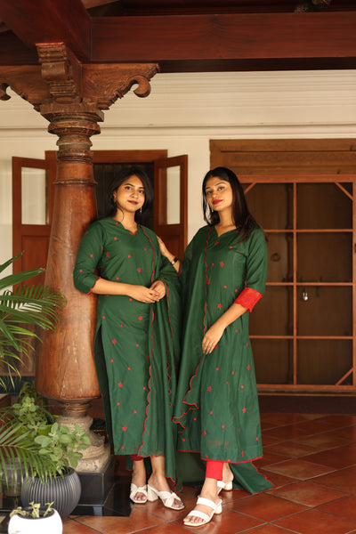 Mul Chanderi Kurti only with Embroidered Panels & Lace-Bottle Green.