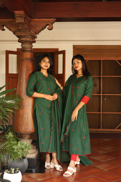 Mul Chanderi Slitted Top only-Bottle Green.
