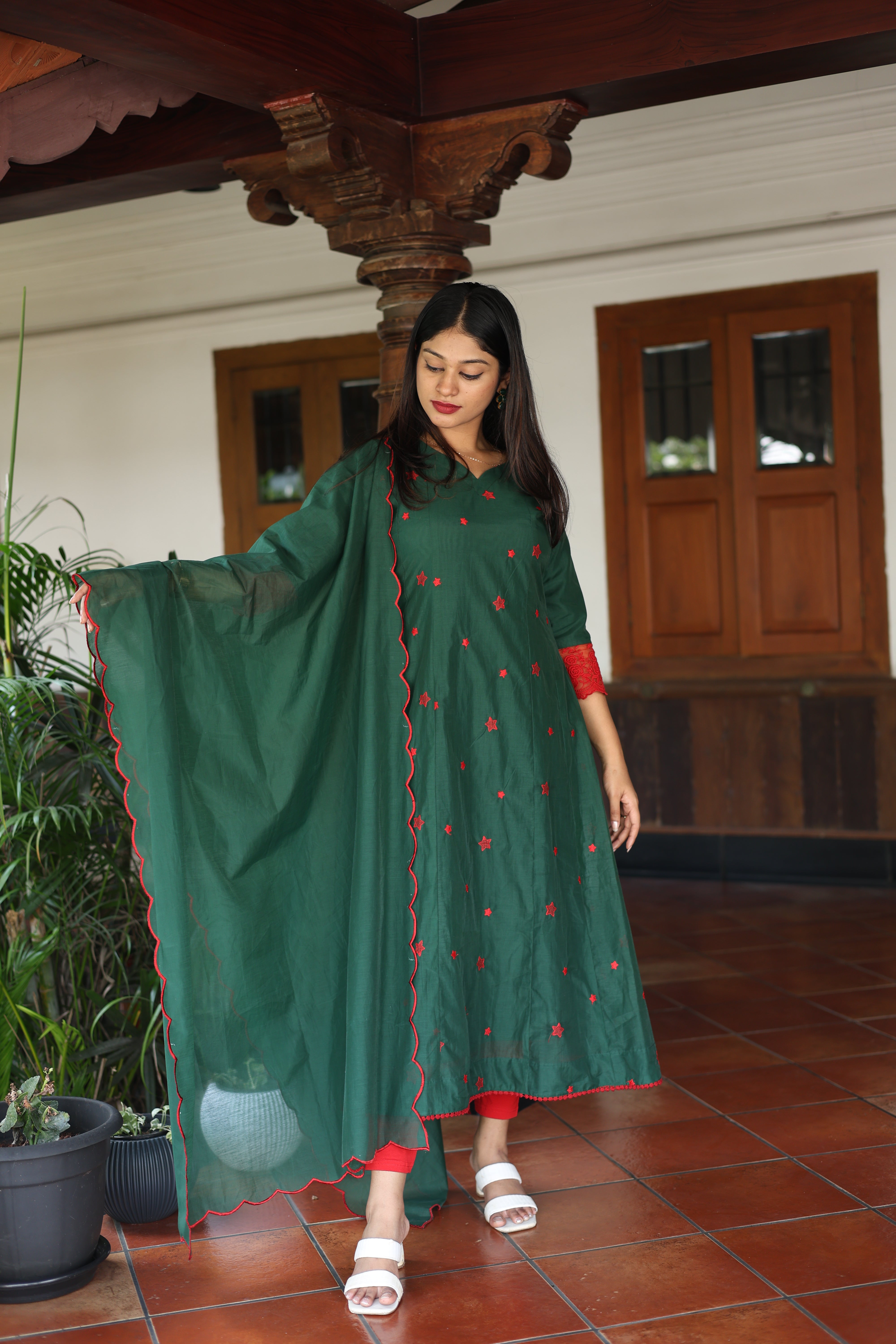 Mul Chanderi Kurti only with Embroidered Panels & Lace-Bottle Green.
