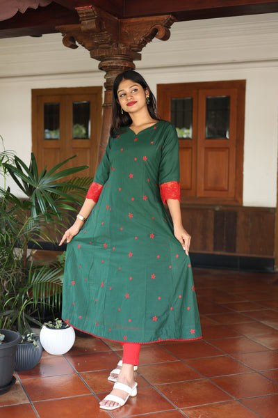 Mul Chanderi Kurti only with Embroidered Panels & Lace-Bottle Green.