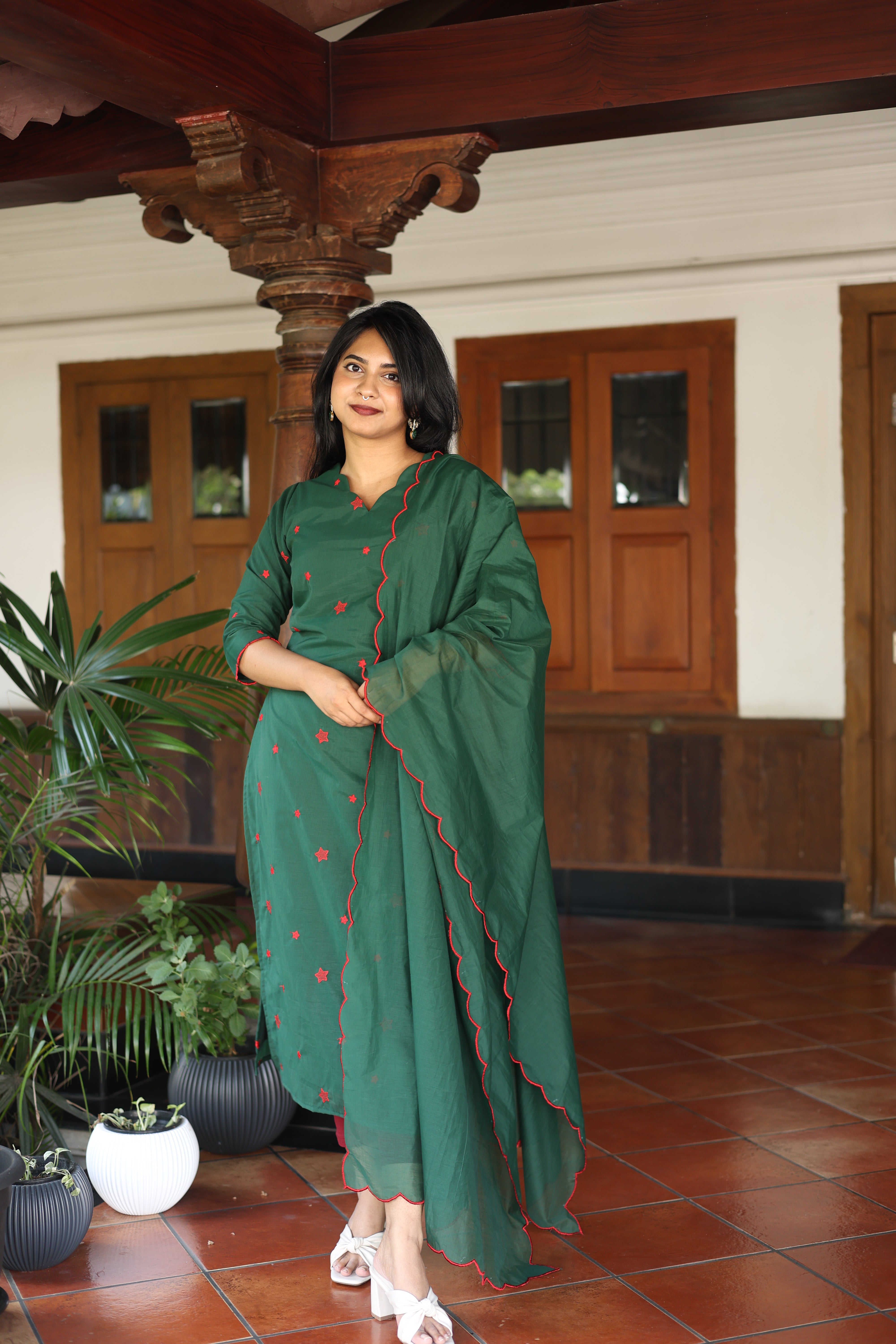 Mul Chanderi Slitted Top only-Bottle Green.