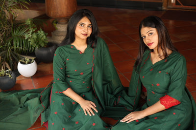 Mul Chanderi Kurti only with Embroidered Panels & Lace-Bottle Green.