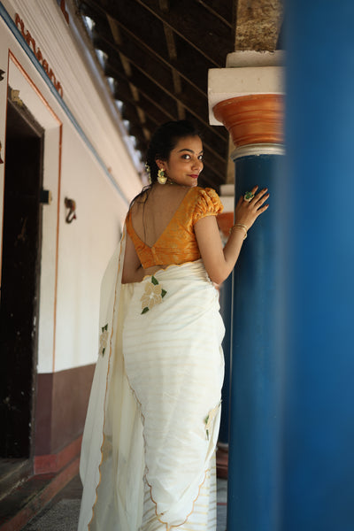 Kerala Cotton Lurex Saree & Blouse: Tissue Applique | Vishu Collection.