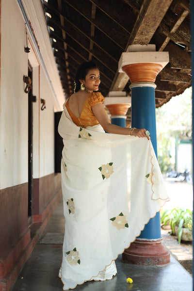 Kerala Cotton Lurex Saree & Blouse: Tissue Applique | Vishu Collection.
